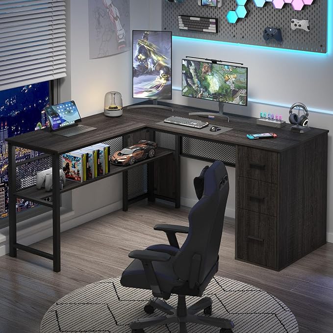 White L shaped Corner Desk with Drawers, Reversible Modern L-Shaped Computer Desk