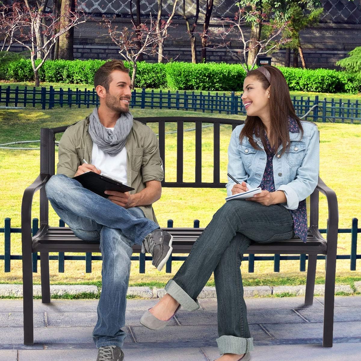 Outdoor Bench, 50” Patio Garden Bench with Steel Frame