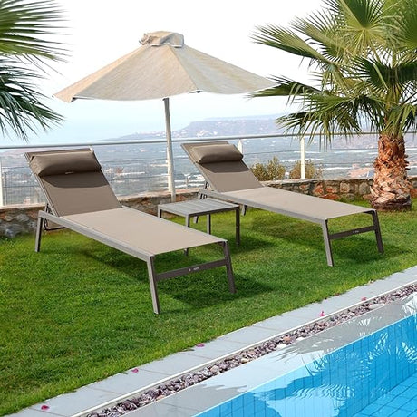 Patio Chaise Lounge Set  -3 Pieces Aluminum Adjustable Pool Lounge Chairs