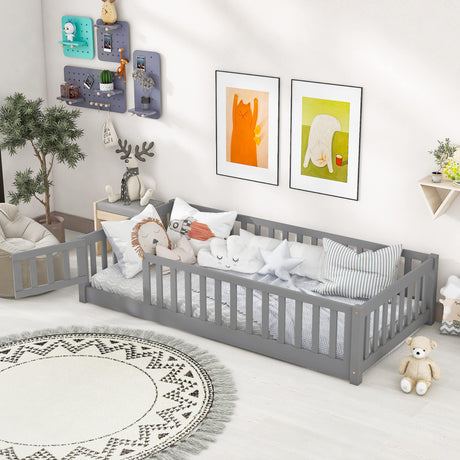 Platform Bed with Fence, Wooden Playpen Bed for Kids, Kids Fence Bed with Door, No Box Spring Needed (Grey)