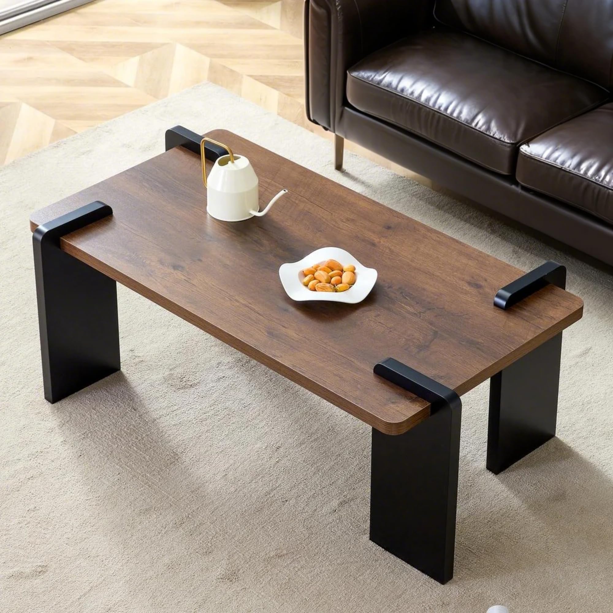 Coffee Table 39.3 inch Modern Wooden Center Table with Black Metal Legs
