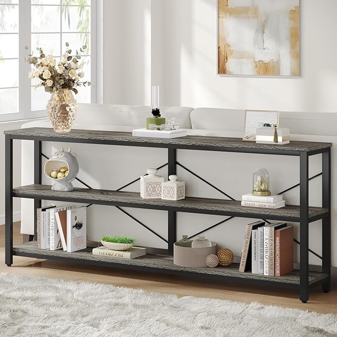 70.9-Inch Console Table, 3-Tier Industrial Sofa Table with Metal Frame