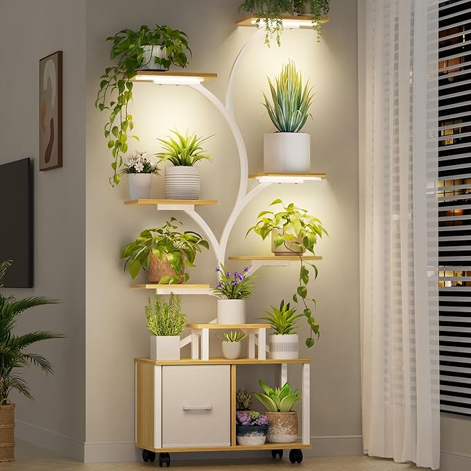Gold Plant Stand Indoor with Grow Light, 9 Tiered Indoor Plant Shelf with Wheels