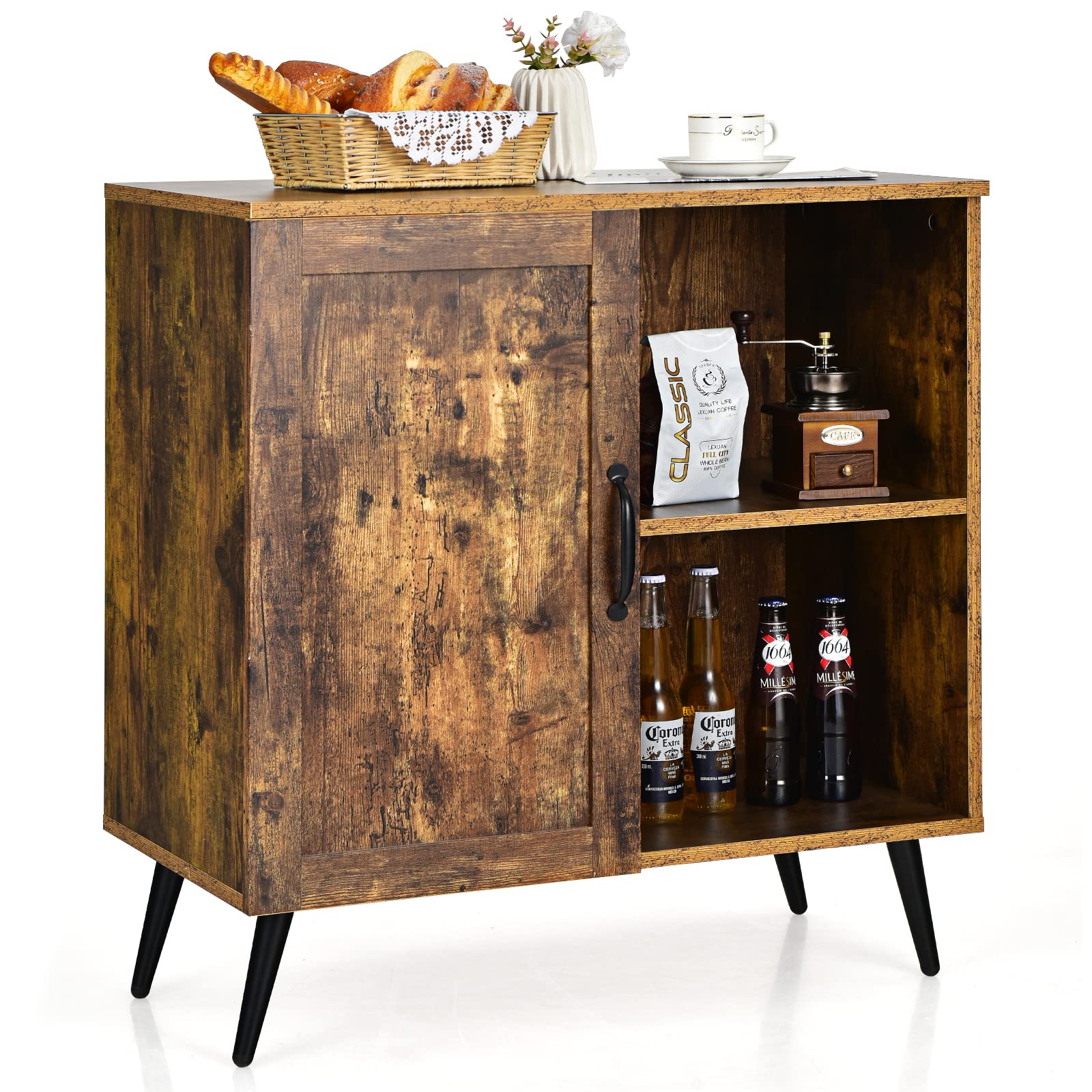 Mid-Century Storage Cabinet, Buffet Sideboard with Single Door & Adjustable Shelves