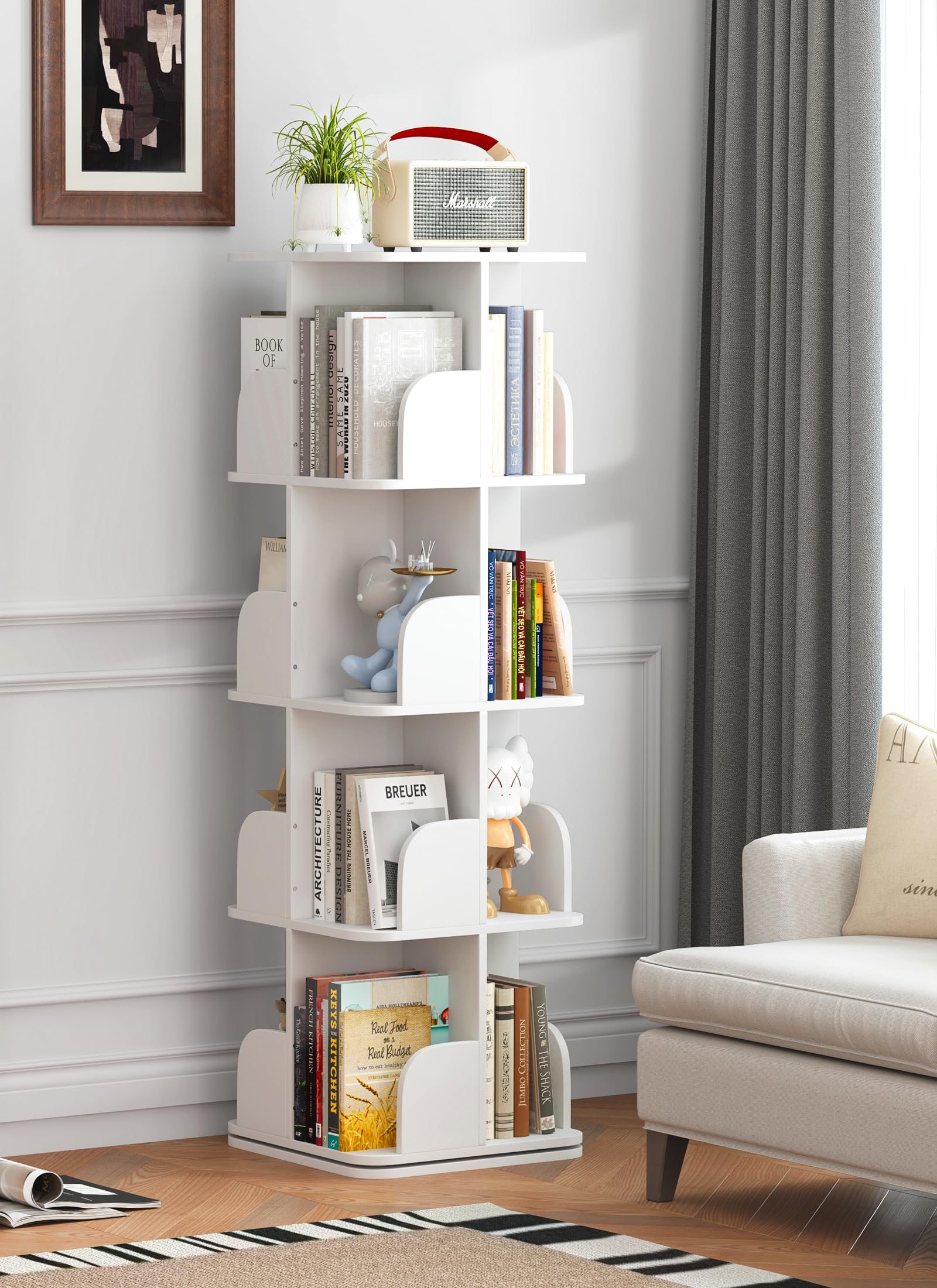 Bookshelf, Small Corner Bookshelf for Small Space, 360 Display 4 Tier Floor Standing