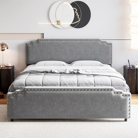 Queen Size Bed Frame with Headboard, Velvet Upholstered Platform Bed with Rivet Decor