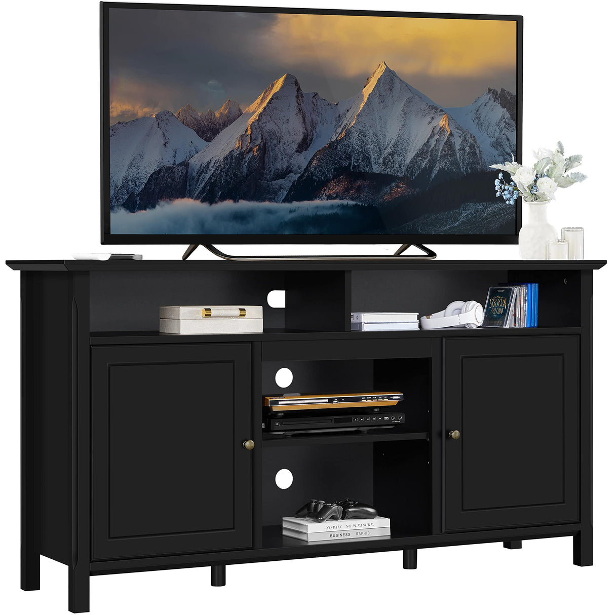 Black TV Stand for TVs up to 65 Inch, Modern Media Entertainment Center with Double