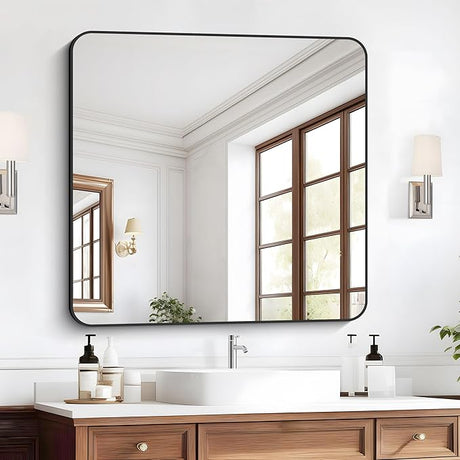 Bathroom Mirror, 30x50 inch Large Rectangle Mirror, Black Metal Framed