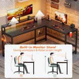 L Shaped Desk with Power Outlets, 62 Inches Reversible Small Corner Computer Desk