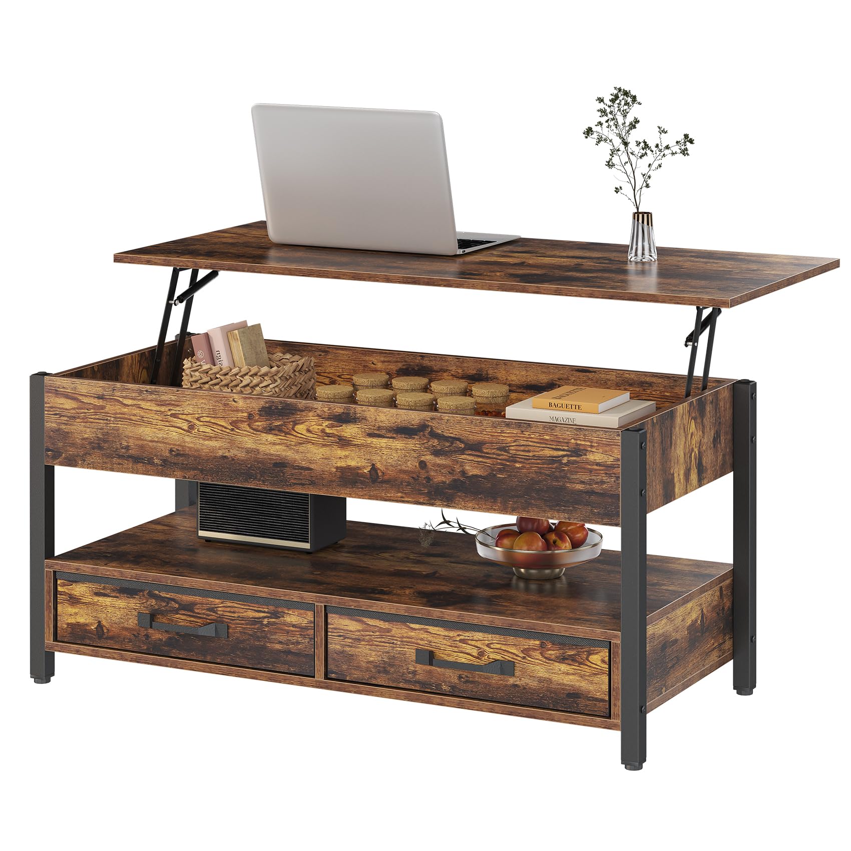 41.7" Lift Top Coffee Table, Coffee Tables for Living Room with 2 Drawers and Hidden Compartment,
