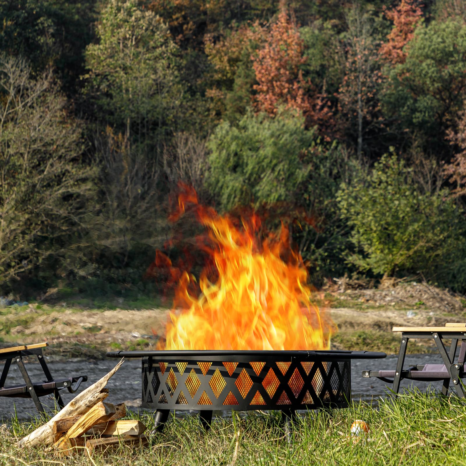 EcoNook 42 Inch Wood Burning Fire Pit with 2 Loops, Outdoor Fire Pit with Spark Screen & Fire Poker, Cross Weave Firepit for Outside Fireplace Bonfire for Yard,Patio, Garden - Bircata