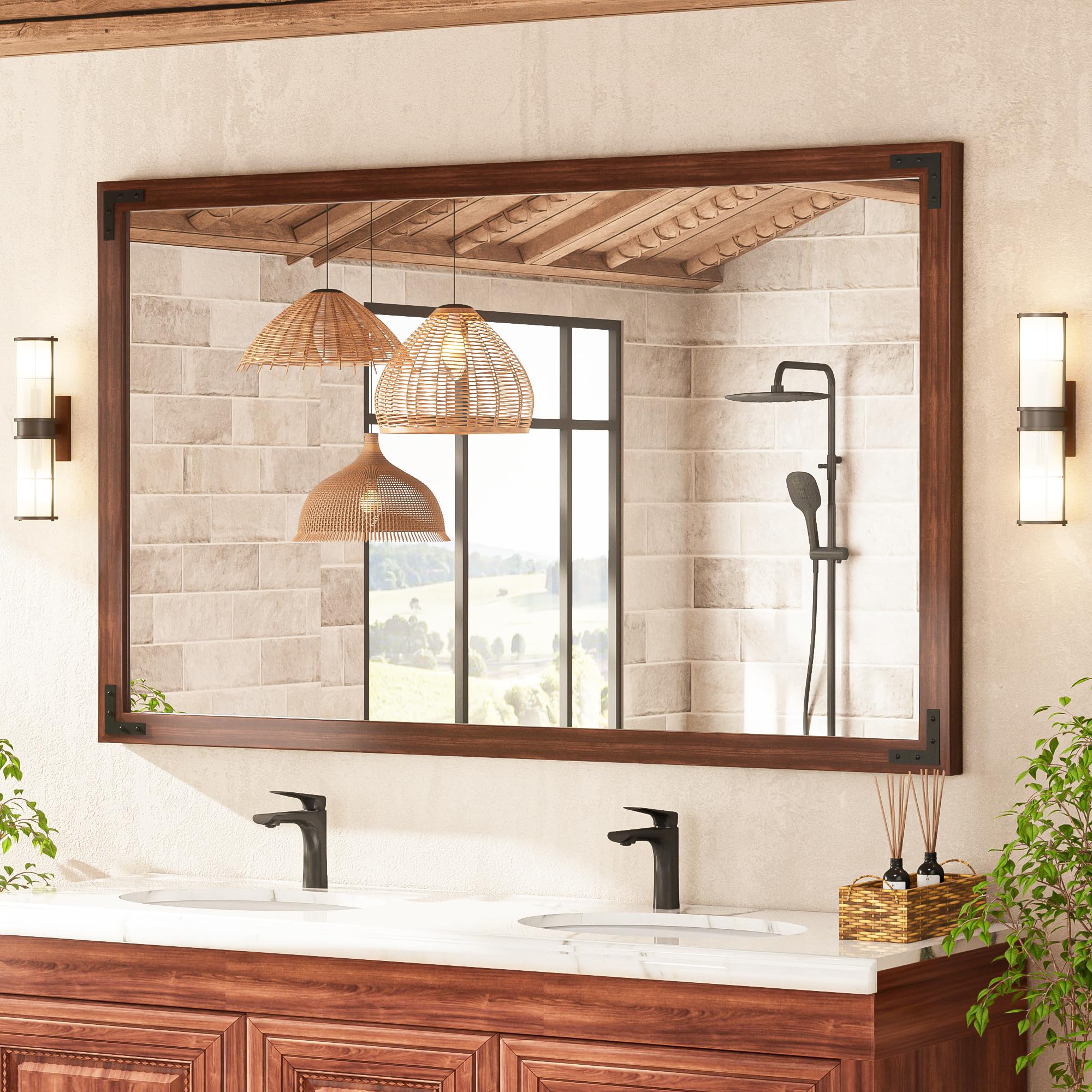 Rustic Bathroom Mirror Wood Frame, Dark Brown Farmhouse Natural
