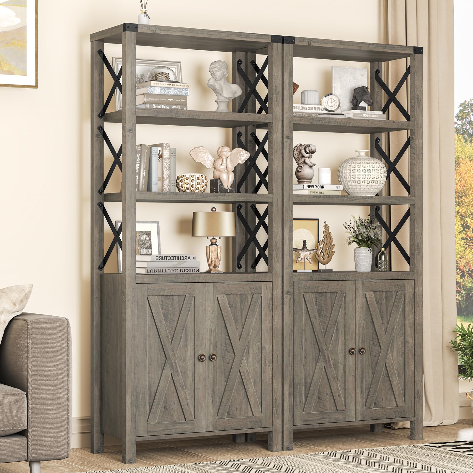 Book Shelf with Storage Cabinet, Farmhouse 5-Tier Bookshelf