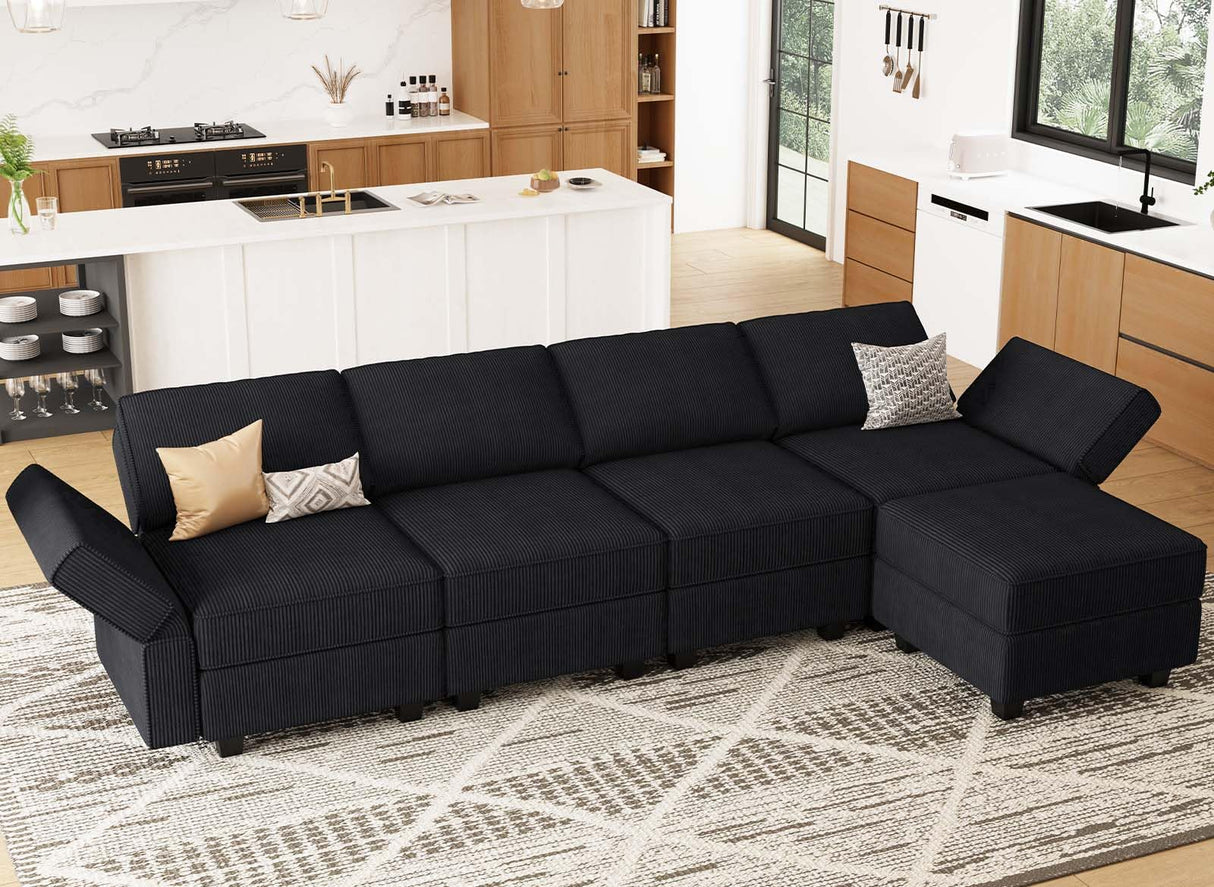 Modular Sectional Sofa with Storage Ottomn Seats, Corduroy Convertible Modular