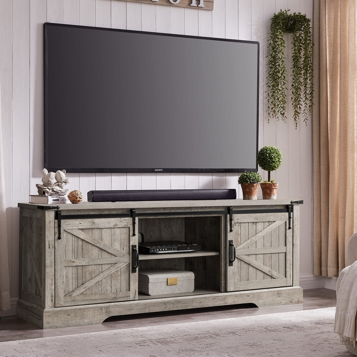 Farmhouse TV Stand for 75 Inch TV, Rustic Entertainment Center w/Sliding Barn Door