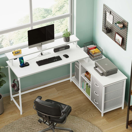 Seventable L Shaped Computer Desk with Drawers, Reversible Gaming Desk with LED Lights & Charging Port, Corner Desk with Storage Shelves & Monitor Stand for Home Office White