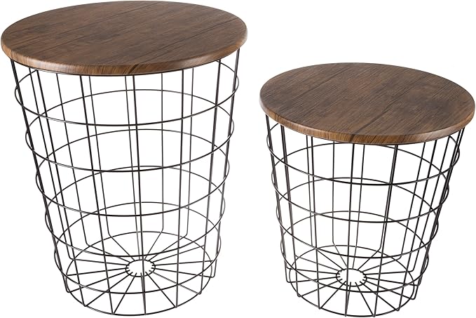 End Tables Set of 2 - Nesting Tables with Removable Wood Tops and Metal Basket Bases