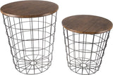 End Tables Set of 2 - Nesting Tables with Removable Wood Tops and Metal Basket Bases