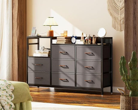 Dresser for Bedroom with Charging Station, 52" Long Dresser with 8 Storage Drawers, Large Fabric Dressers Chests of Drawers with Shelves, Black and Vintage