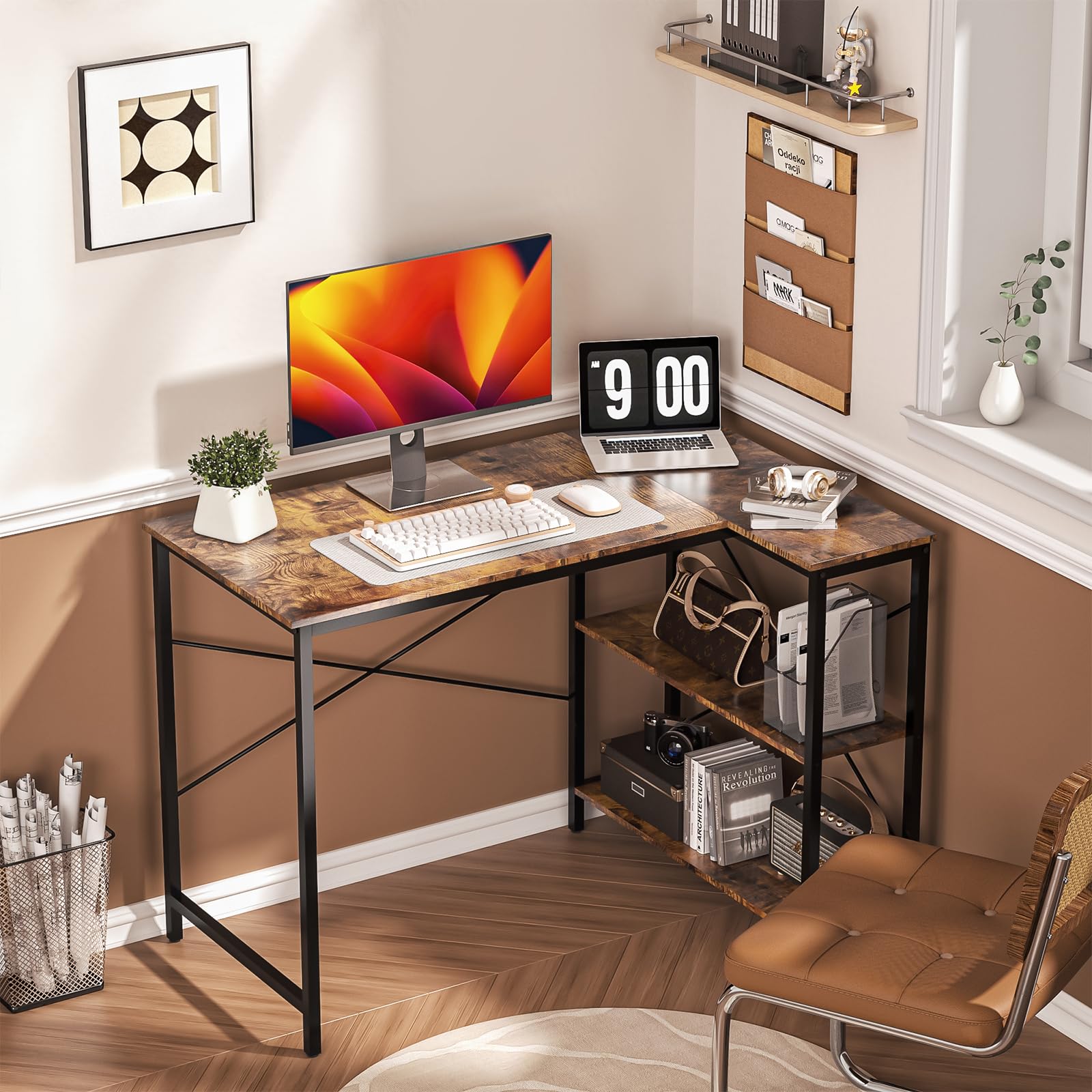 Small Computer Desk,40 Inch L Shaped Desk with Storage Shelves,Gaming Desk,Home Office Corner Reversible Pc Desk,Study Writing Table,Brown