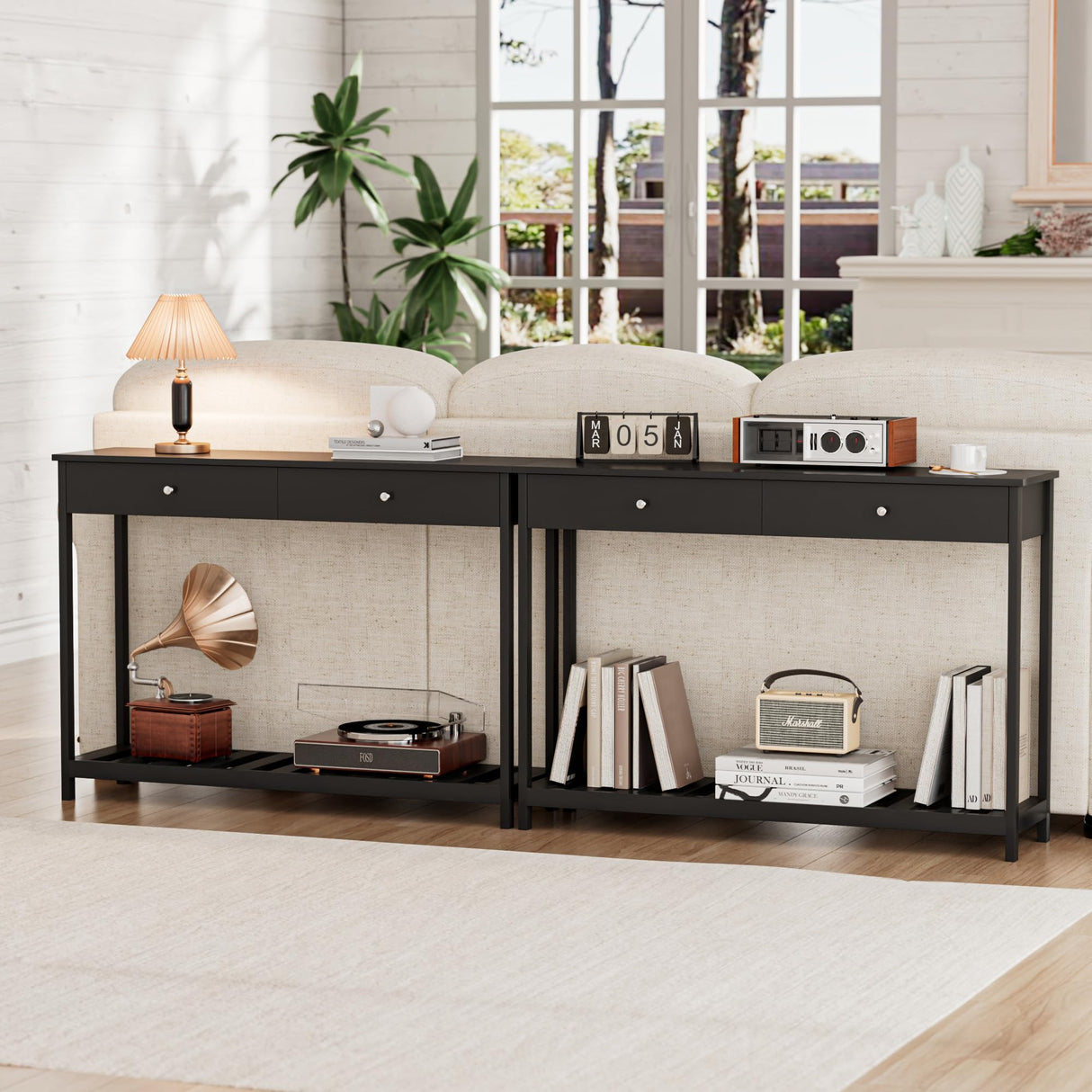 Console Table with Drawers & Storage Shelves Narrow Sofa Table for Entryway