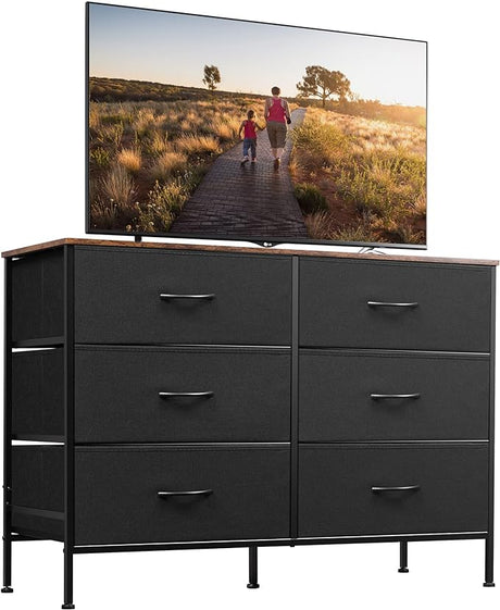 Wide Fabric Dresser, 6 Drawer Dresser TV Stand for 60" TV, Dressers Bedroom Furniture