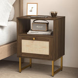 Rattan Nightstand，Farmhouse Bedside Table with Storage Drawer and Open Shelf