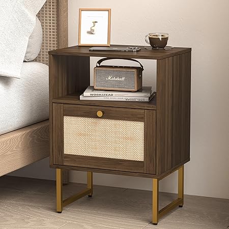 Rattan Nightstand,Farmhouse Bedside Table with Storage Drawer and Open Shelf,Modern