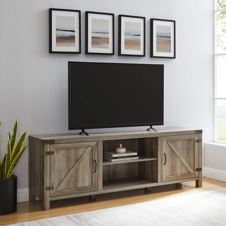 Tucker 70 Inch Barn Door TV Console in Grey Wash