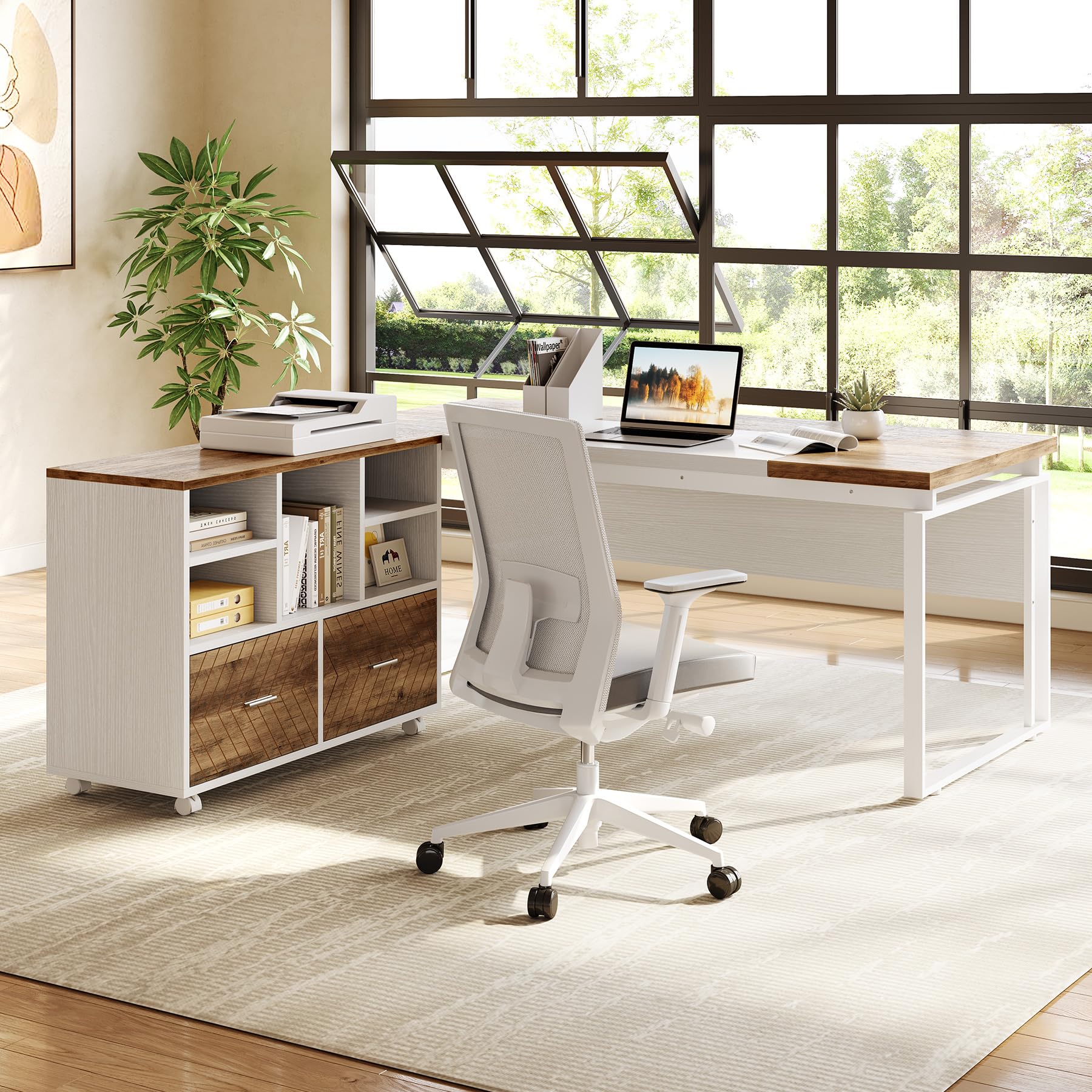 63" L-Shaped Executive Office Desk with Reversible File Cabinet, Large Modern