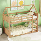 Twin Over Twin House Bunk Bed for Kids, Wood Floor Low Bunk Bed Frame