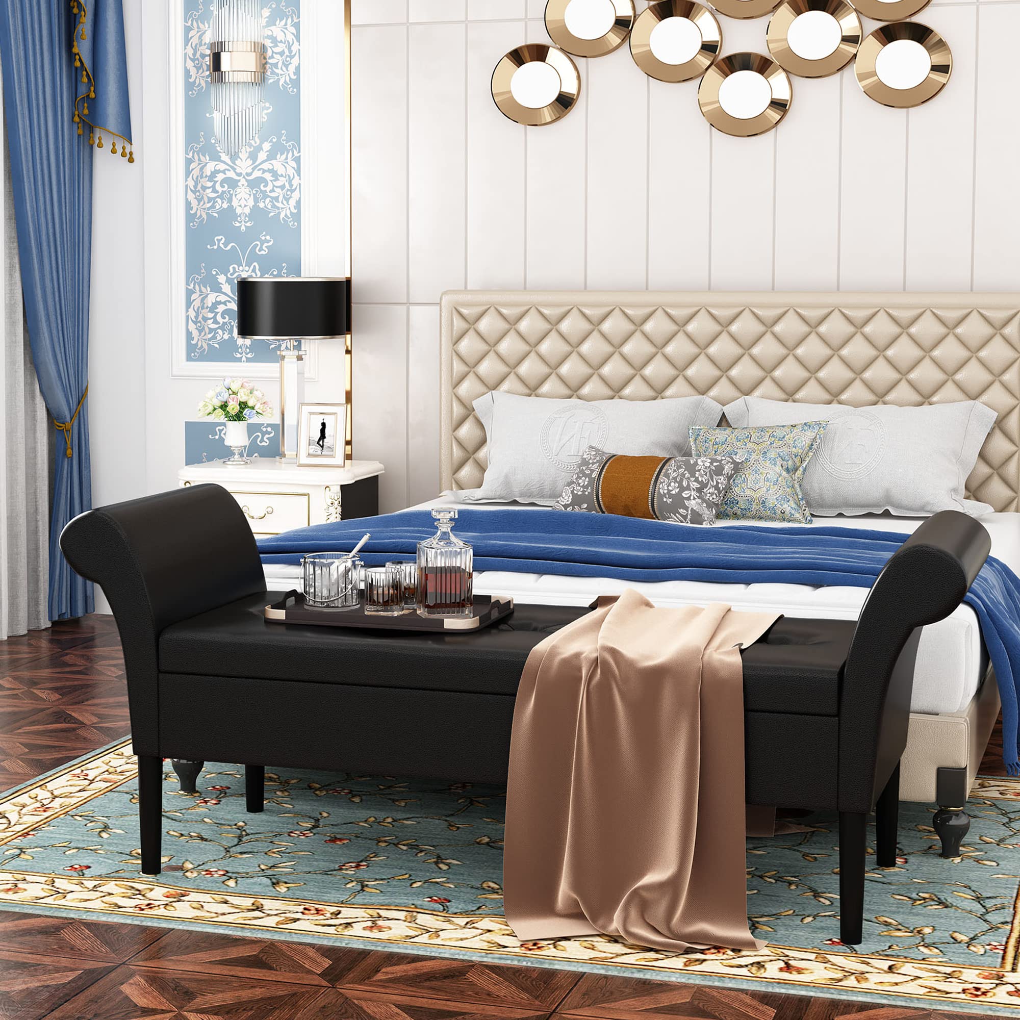 Black Faux Leather Storage Ottoman Bench