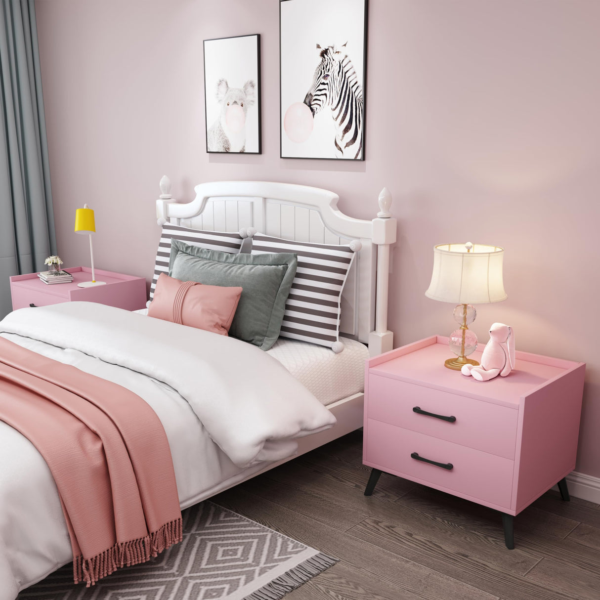 Pink Nightstand with 2 Drawers Besides Table for Bedroom Modern End Table