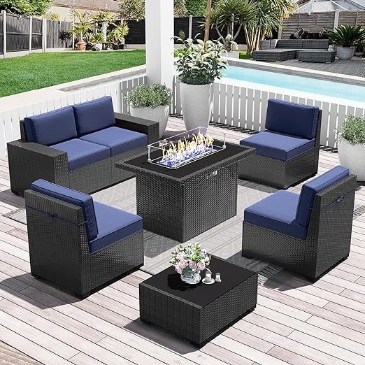 Outdoor Patio Furniture Set with 44" Fire Pit Table Rattan Sectional Sofa