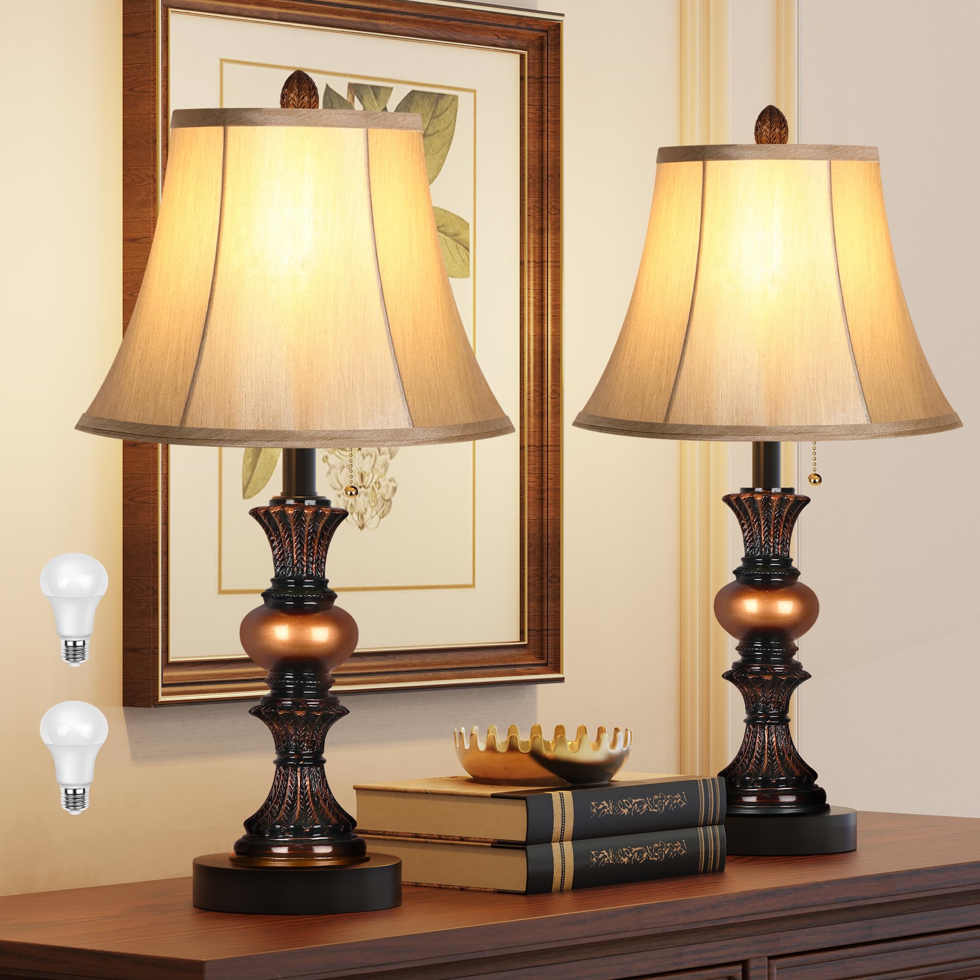 Traditional Table Lamp Set of 2, Vintage Bedside Lamps with 3 Color Temperatures LED Bulbs