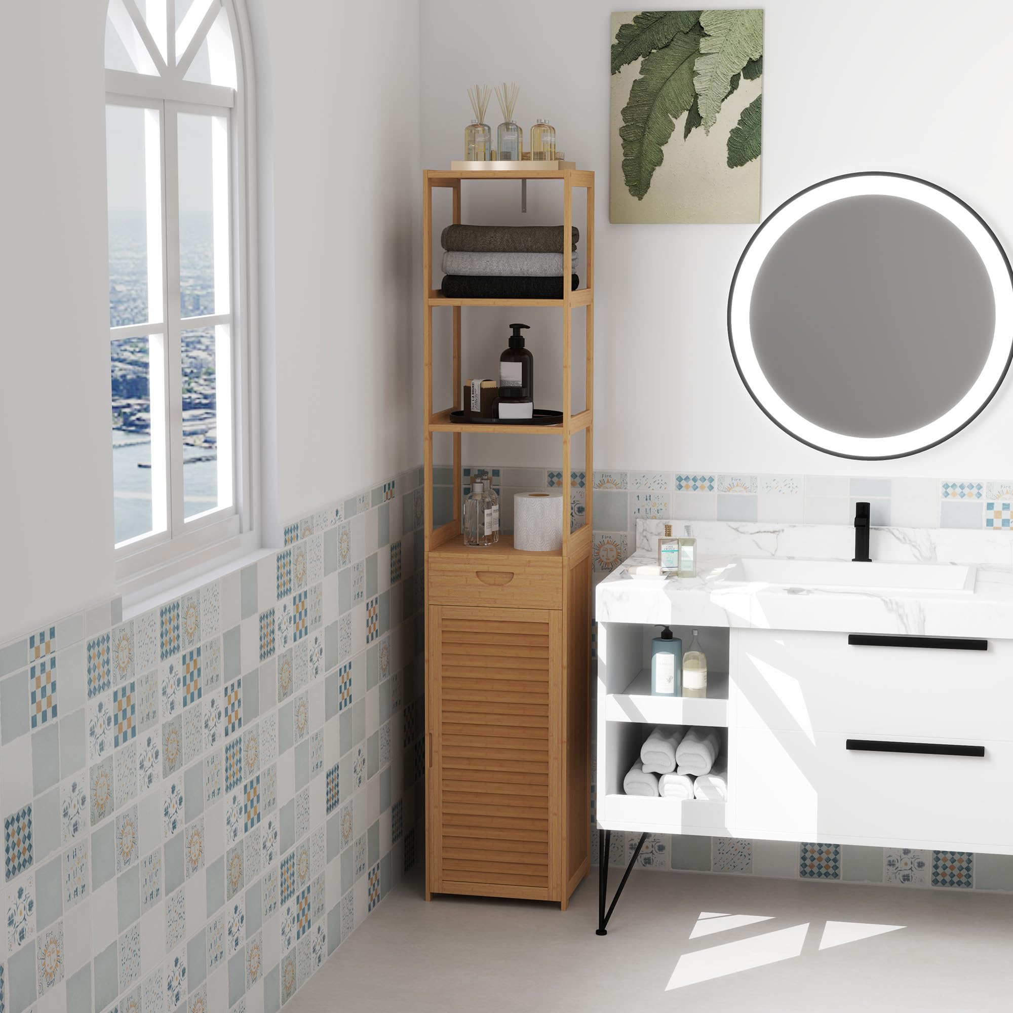 Tall Bathroom Cabinet with Drawer and Slatted Shelves