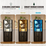 Farmhouse Corner Cabinet with LED Light, 67" Tall Bathroom Cabinet with 2 Doors and 3