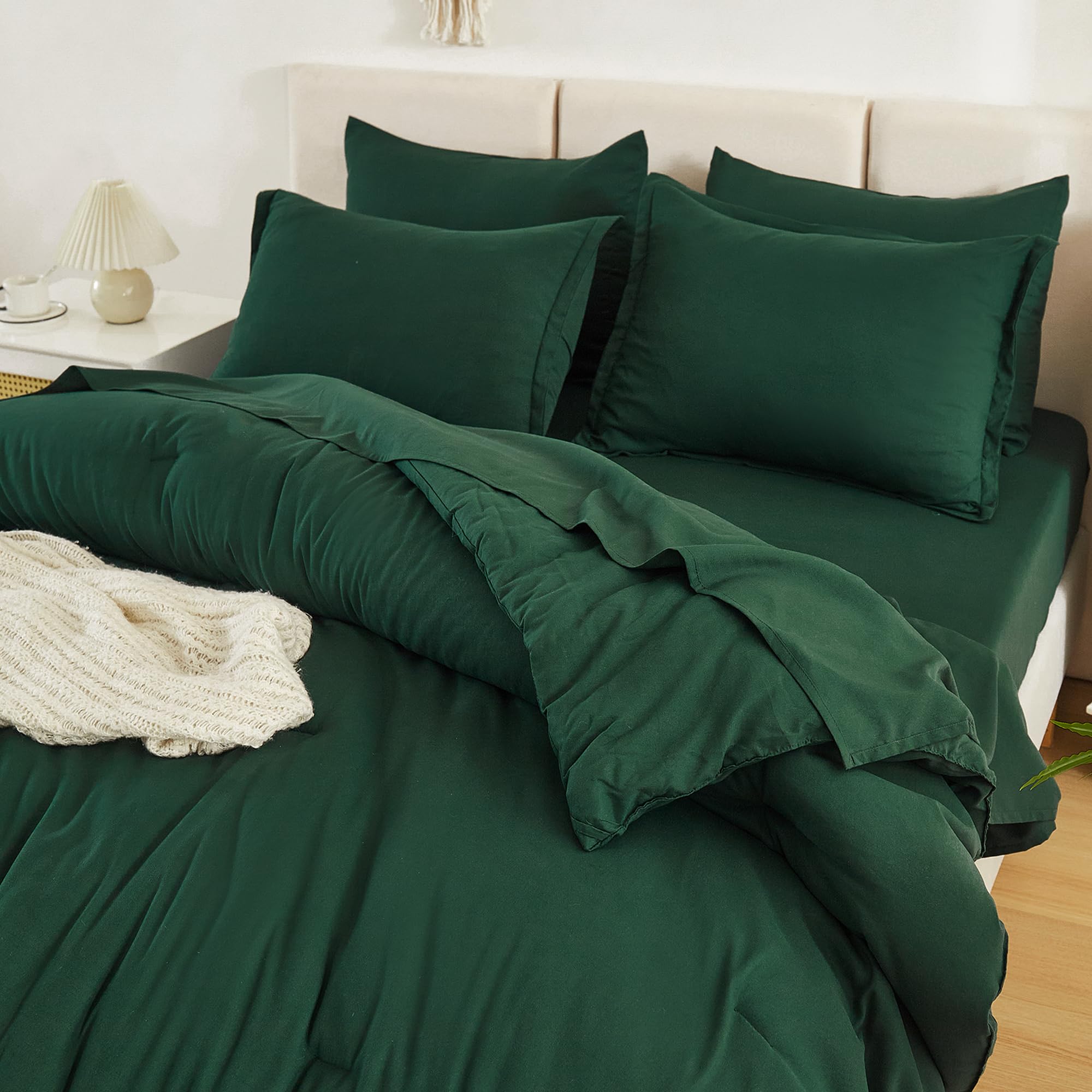 Litanika Queen Comforter Set Dark Emerald Green - 7 Pieces Bed in a Bag Queen Beddding Comforter Sets, Solid Lightweight Bed Set with Comforter, Sheets, Pillowcases & Shams