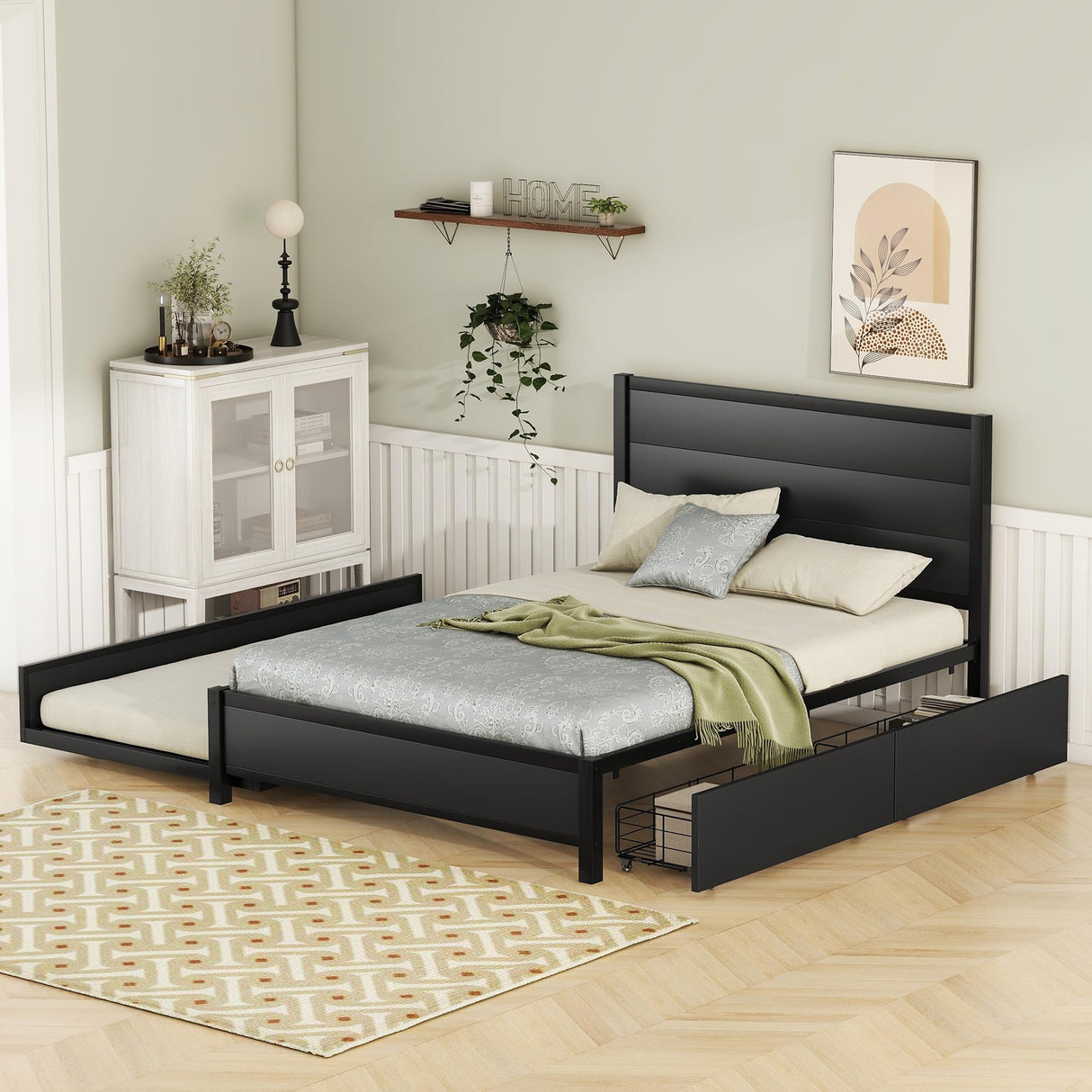 Metal Full Size Metal Platform Bed Frame with Twin Size Trundle and 2 Drawers for Kids