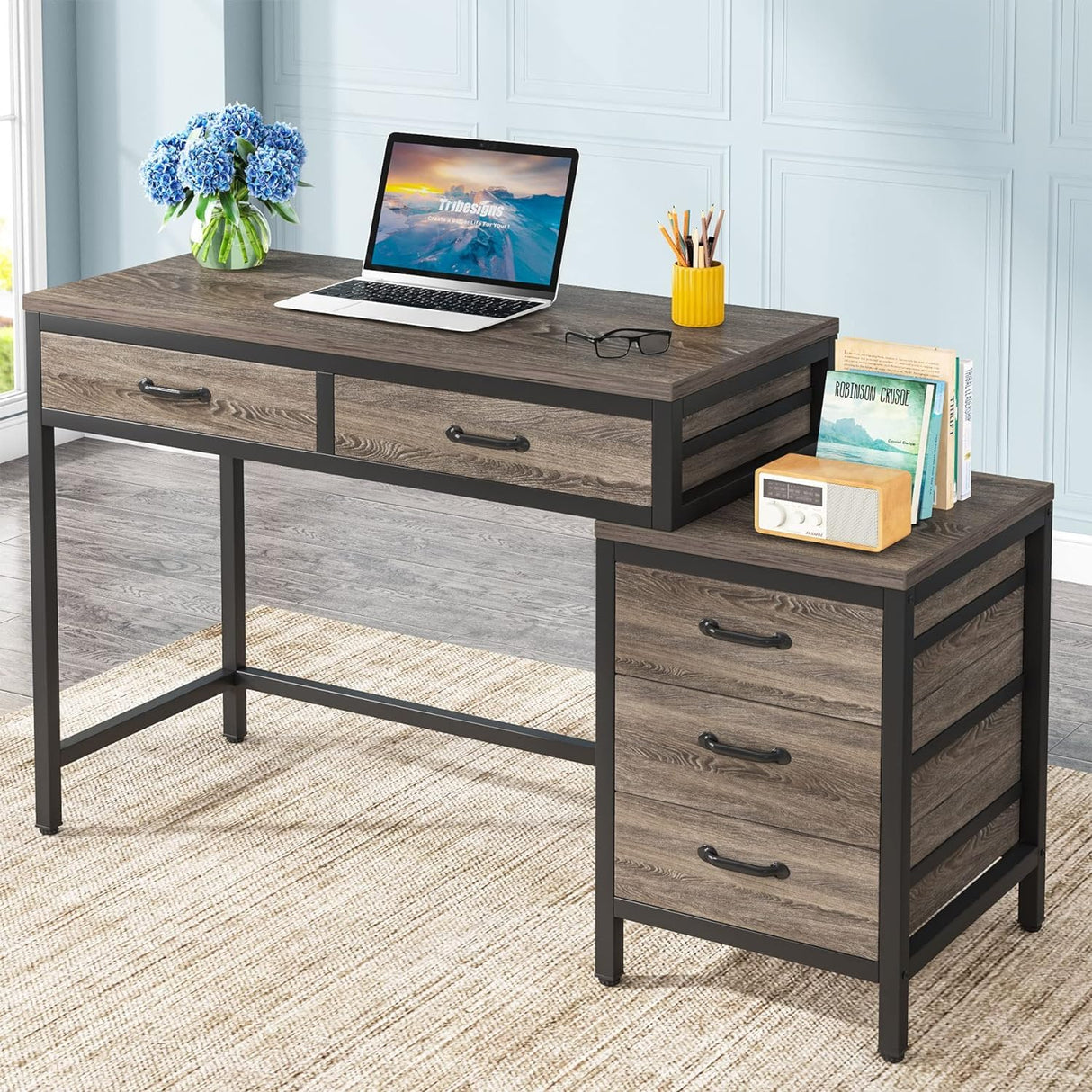 Computer Desk with 5 Drawers, Home Office Desks with Reversible Drawer Cabinet Printer