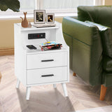 White NightStand with Charging Station, Nightstand with 2 Drawers and Open