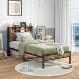 Twin Bed Frame with Bookcase Headboard/USB Charging Station,Metal Platform Bed,