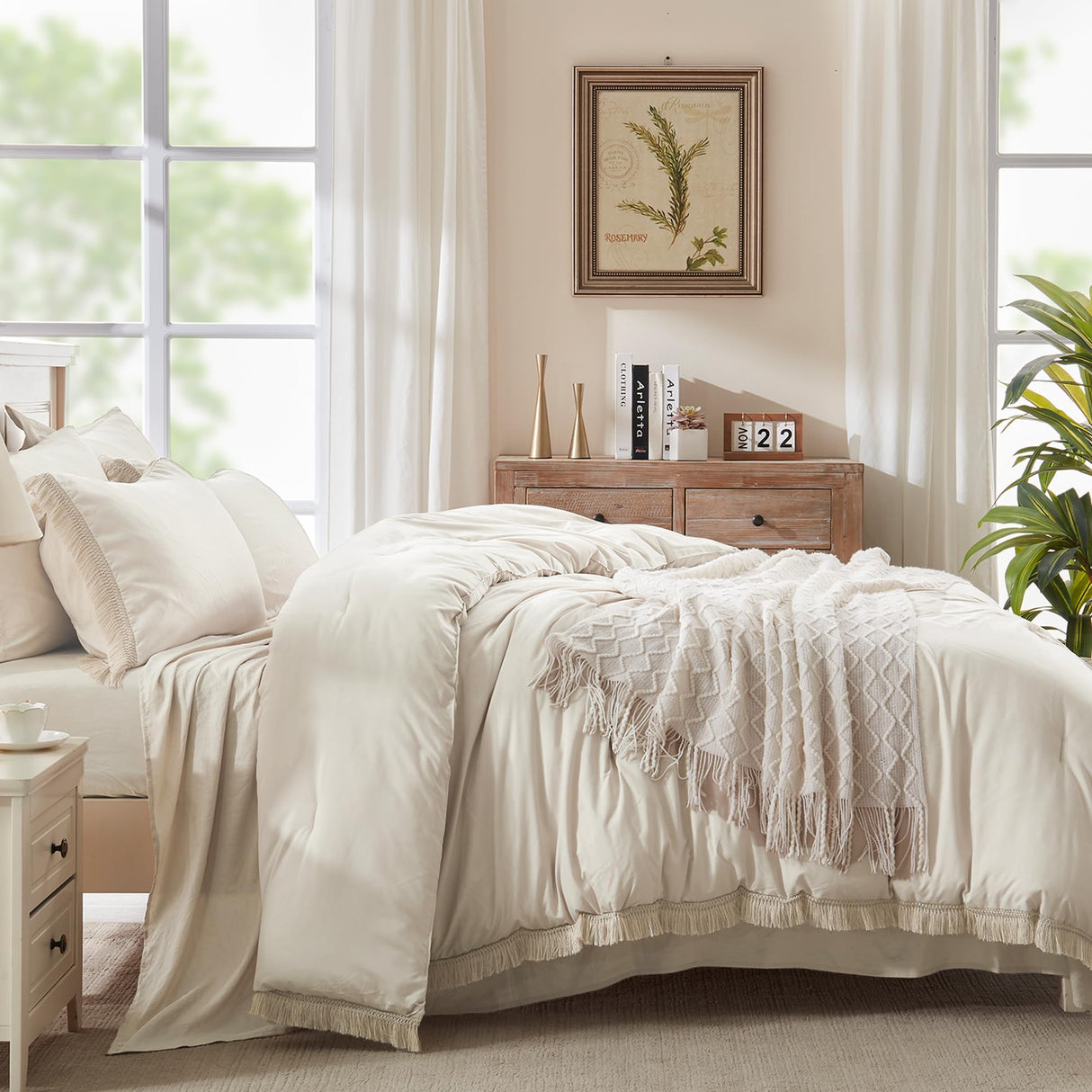 Beige Comforter Set King Size with Sheets -7 Pieces Boho Tassel Bed in a Bag Soft