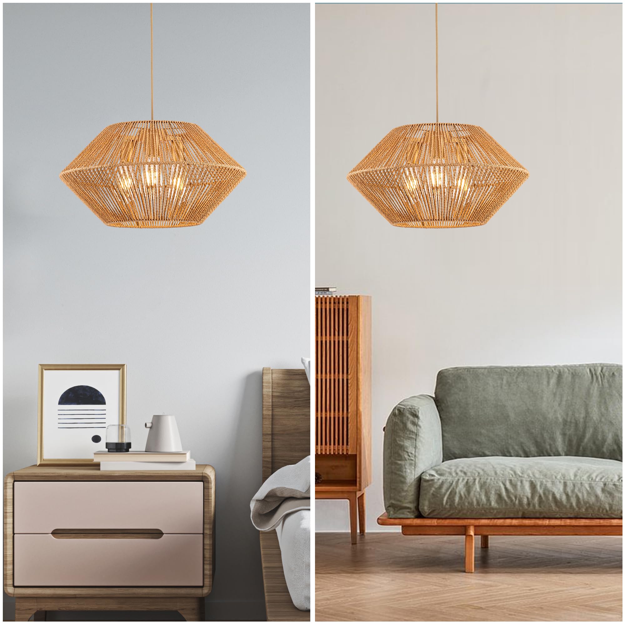 Woven Rattan Pendant Light, 19.5 Inch 3-Light Hemp Rope Boho Chandelier