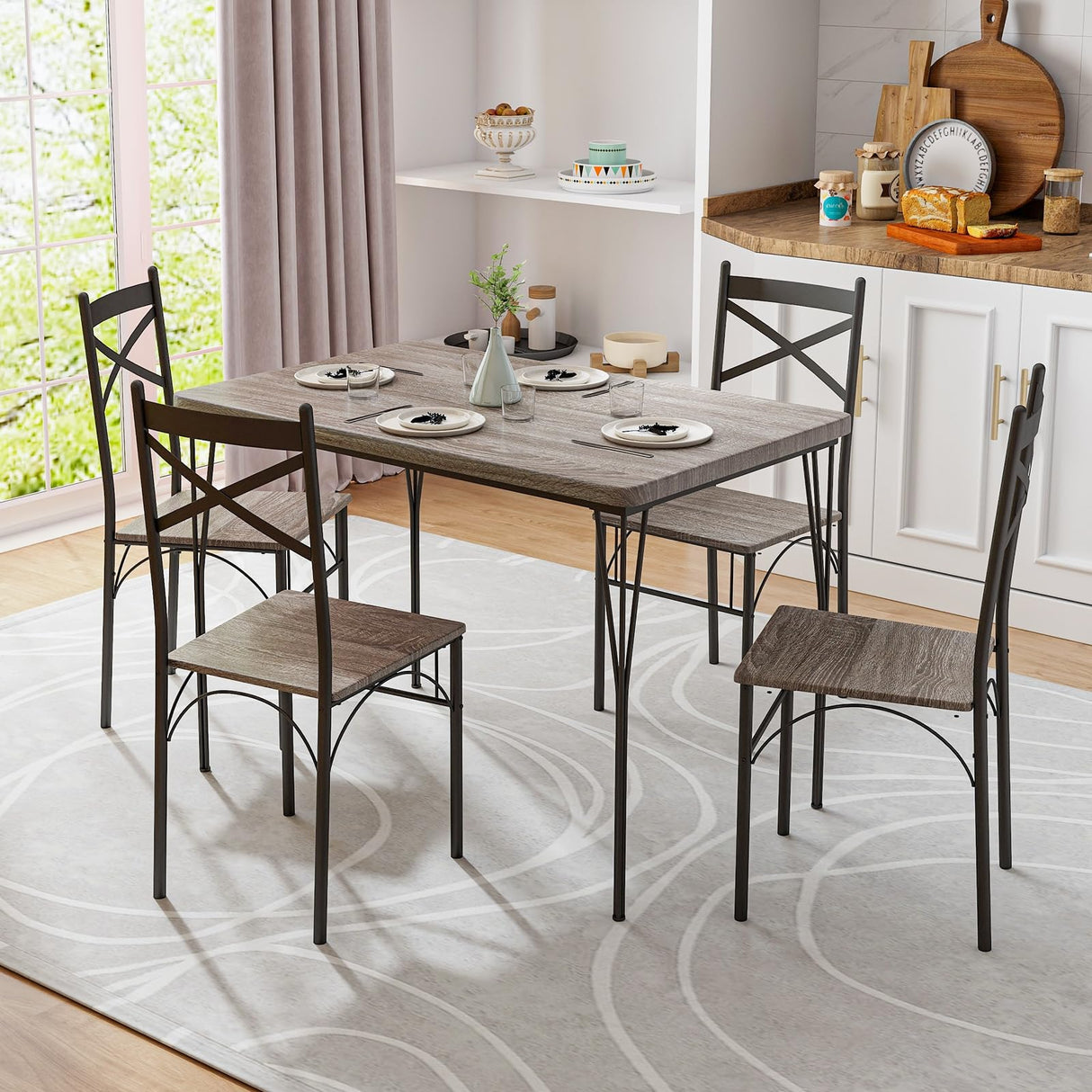 Tangkula Dining Table Set for 4, Modern Rectangular Dining Table & 4 Dining Chairs Set, Space-Saving Kitchen Dining Room Furniture Set, Dinette Set for Home Breakfast Nook