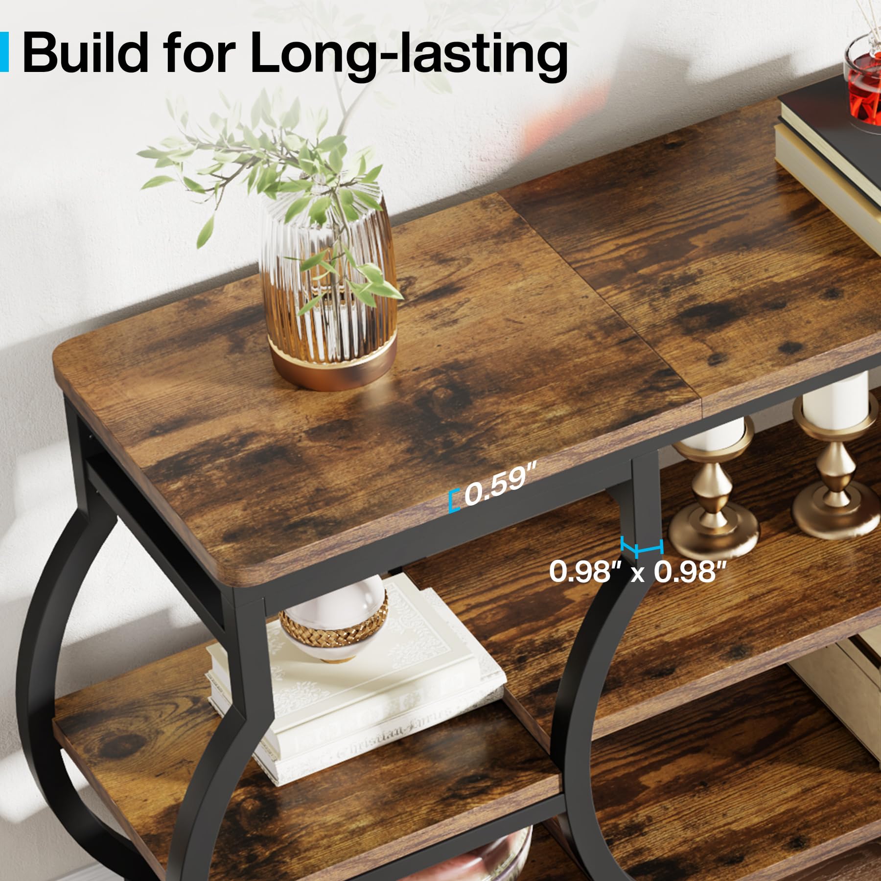 63” Long Console Table, 3 Tier Entryway Table with Storage Shelves, Industrial Sofa Table