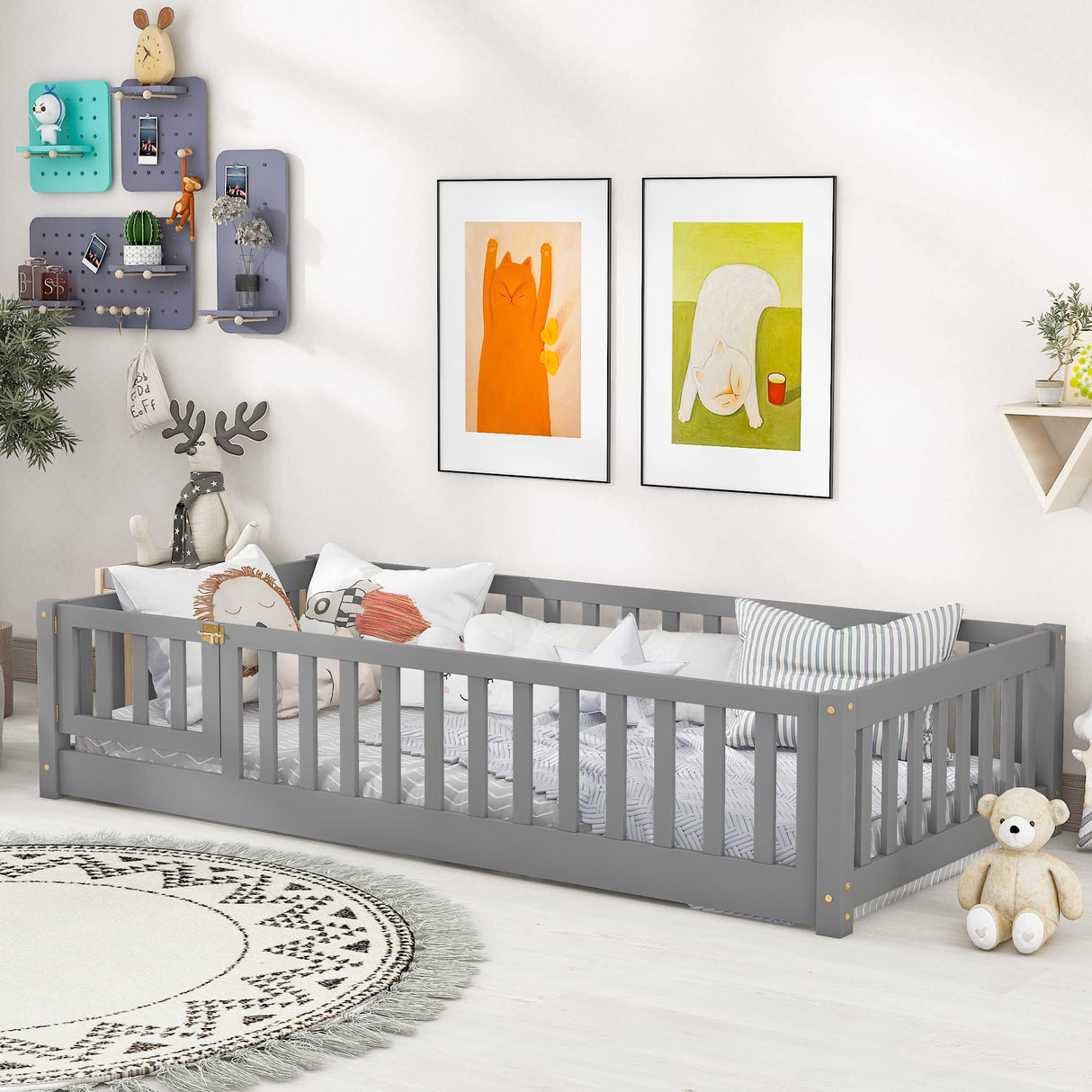 Platform Bed with Fence, Wooden Playpen Bed for Kids, Kids Fence Bed with Door, No Box Spring Needed (Grey)