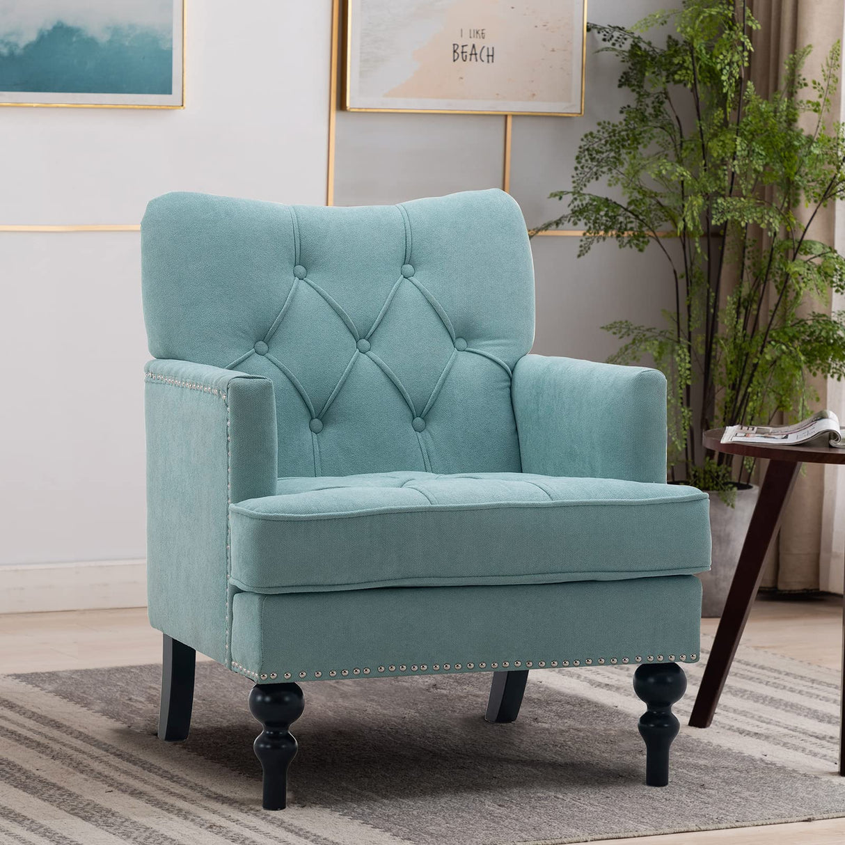 Artechworks Tufted Club Chair Fabric Modern Accent Single Sofa with Studded Nailhead Wooden Legs Armchair Comfy Upholstered for Club Living Room Bedroom Office Reading Room Blue and Green, Teal Green