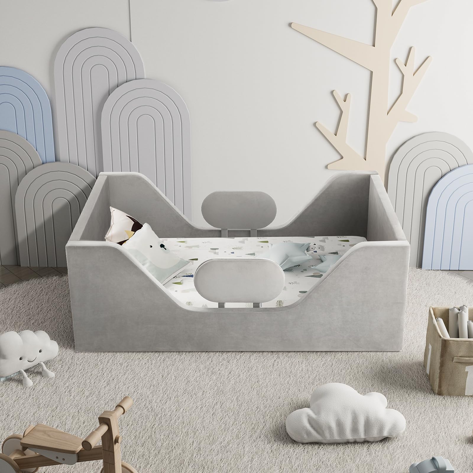 Toddler Bed Frame, Toddler Floor Bed with Removable Safety Rails, Kids Bed