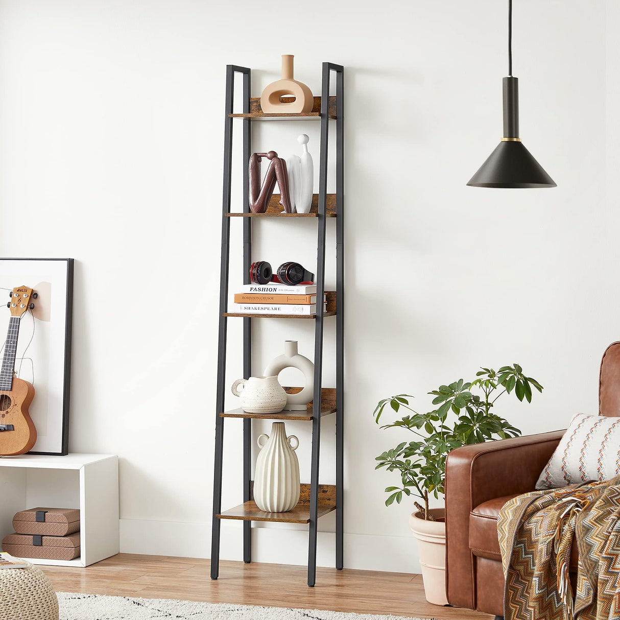 Bookshelf, 5-Tier Narrow Bookcase, Ladder Shelf for Home Office, Living Room, Bedroom, Kitchen, Rustic Brown and Ink Black ULLS109B01